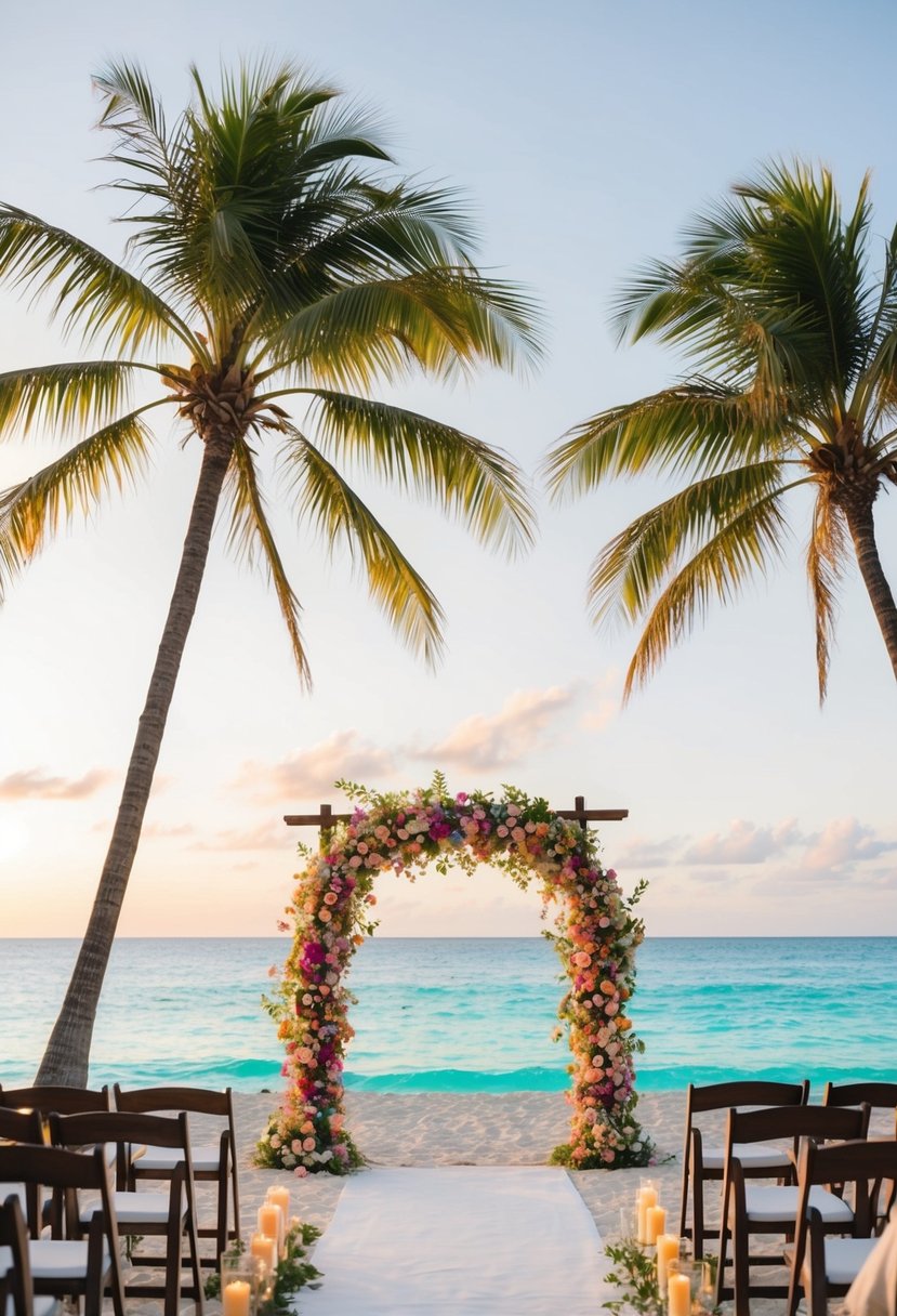 A serene beach at sunset, palm trees swaying in the warm breeze, a colorful floral arch set up for a wedding ceremony, surrounded by crystal-clear turquoise waters