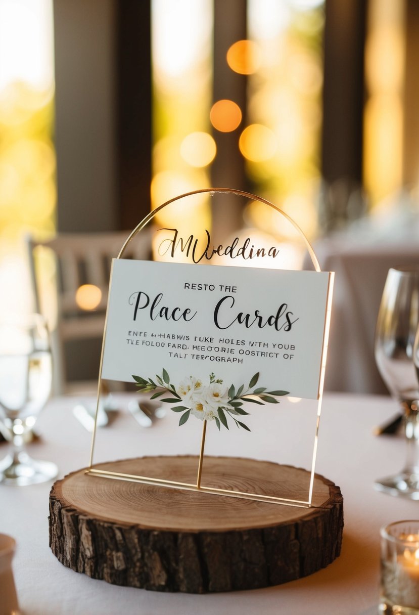 A rustic wood base holds acrylic place cards, with soft lighting casting a warm glow over the elegant wedding sign display