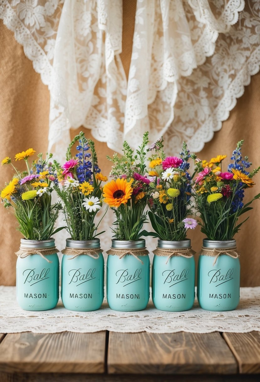 A rustic wooden table adorned with mason jar vases filled with colorful wildflowers, set against a backdrop of vintage lace and burlap