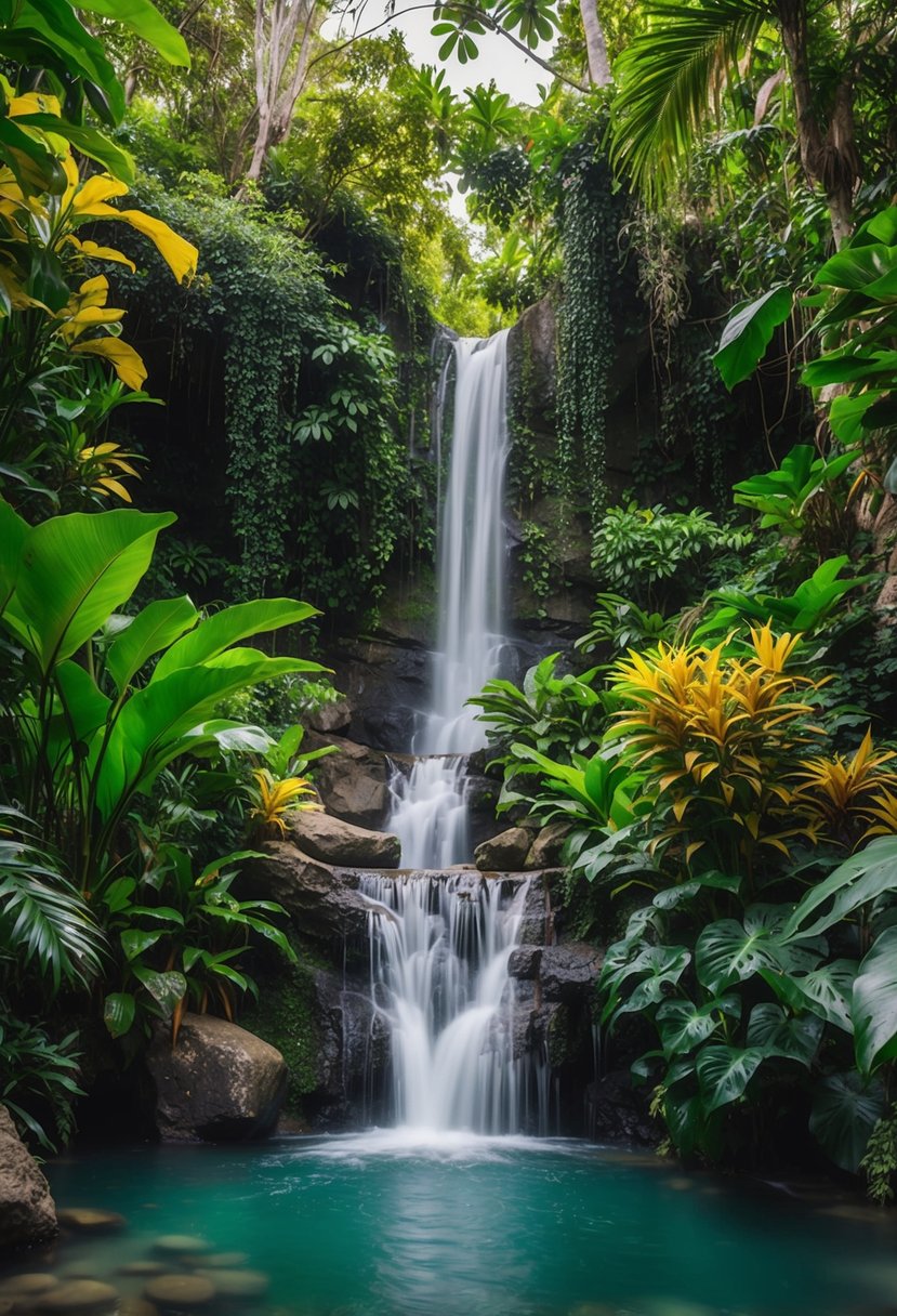 Lush jungle setting with cascading waterfalls, vibrant flora, and exotic wildlife. A serene and secluded paradise for a budget-friendly destination wedding in Belize