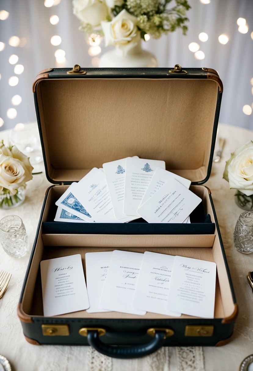 A vintage suitcase sits open, filled with cards, surrounded by shabby chic wedding decor