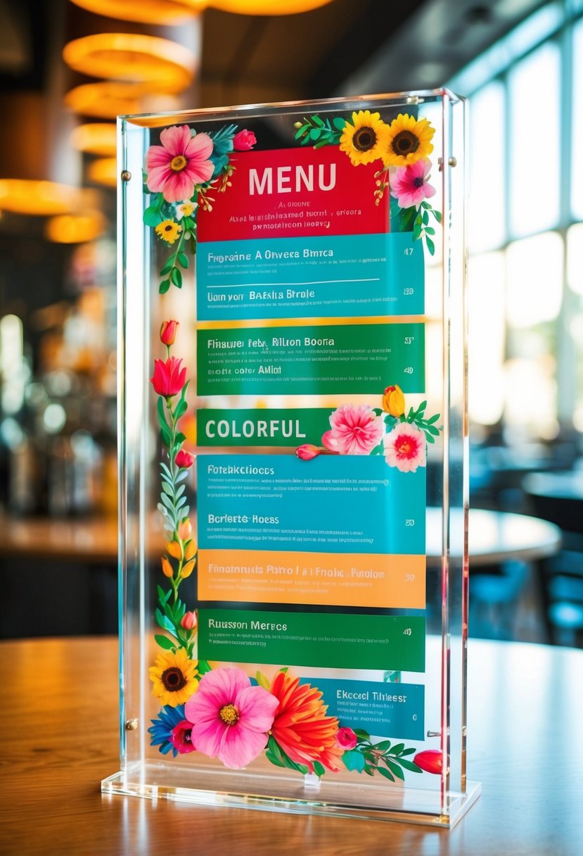 A colorful acrylic menu board adorned with vibrant floral paintings