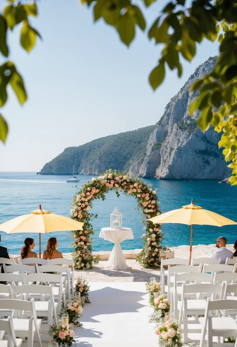 A picturesque seaside ceremony in Dubrovnik with colorful umbrellas, white chairs, and a floral arch overlooking the sparkling Adriatic Sea