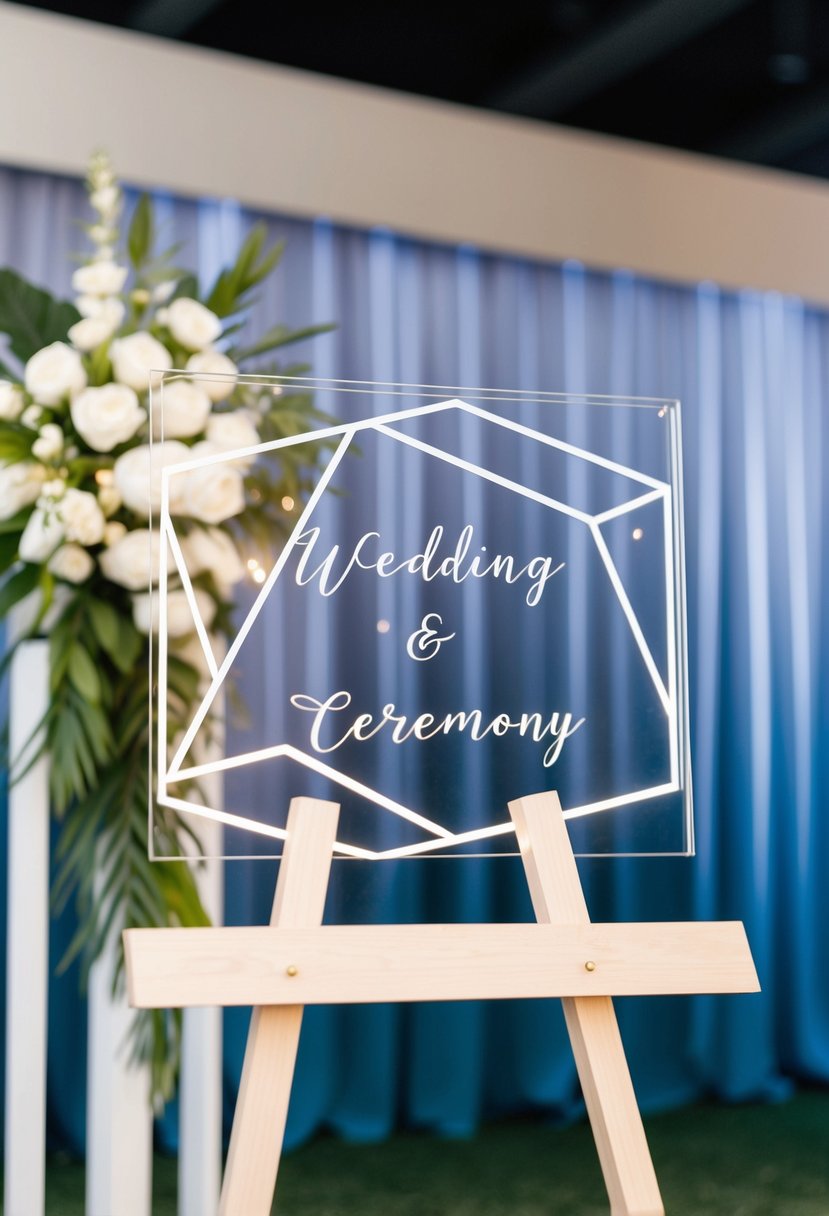 A sleek, minimalist acrylic wedding sign with geometric designs stands against a backdrop of modern decor at a ceremony