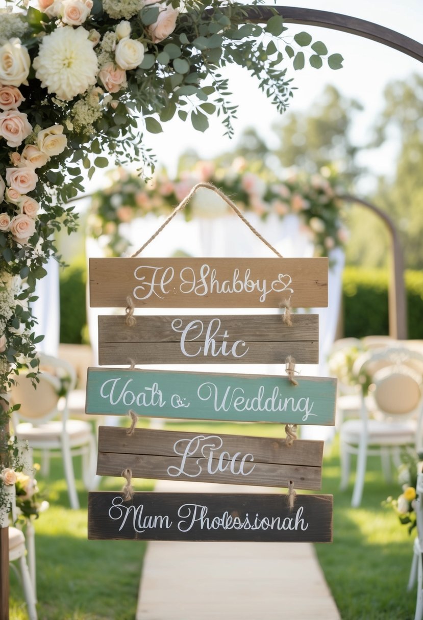 Distressed wooden signs hang from shabby chic wedding arch, surrounded by vintage decor and flowers