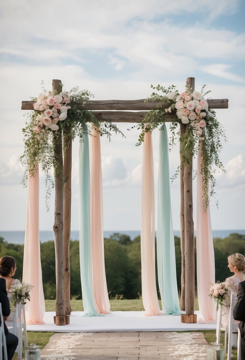 A rustic wooden altar adorned with cascading ribbons in soft pastel colors, creating a shabby chic backdrop for a wedding ceremony