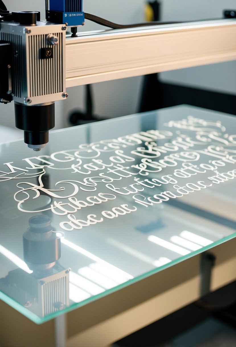 A laser cutting machine etches intricate lettering onto a clear acrylic sheet for a wedding sign