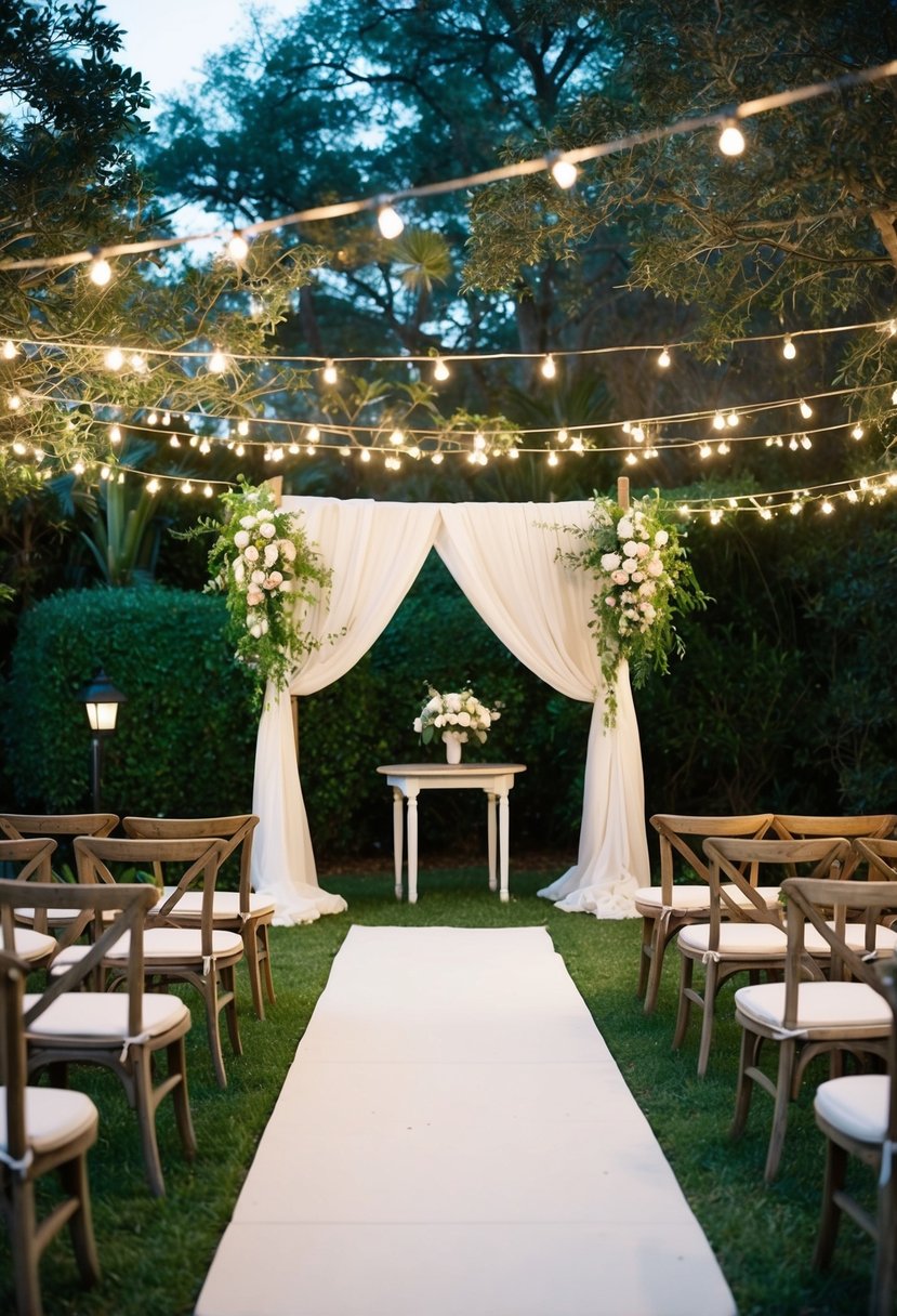 A picturesque Savannah garden with twinkle lights, draped fabric, and rustic wooden chairs set for a romantic wedding ceremony