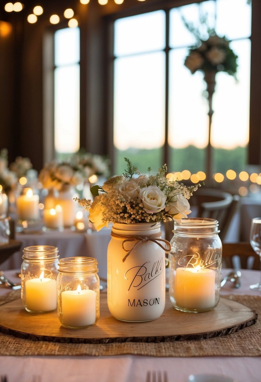 A shabby chic wedding scene with mason jar candles illuminating the rustic decor