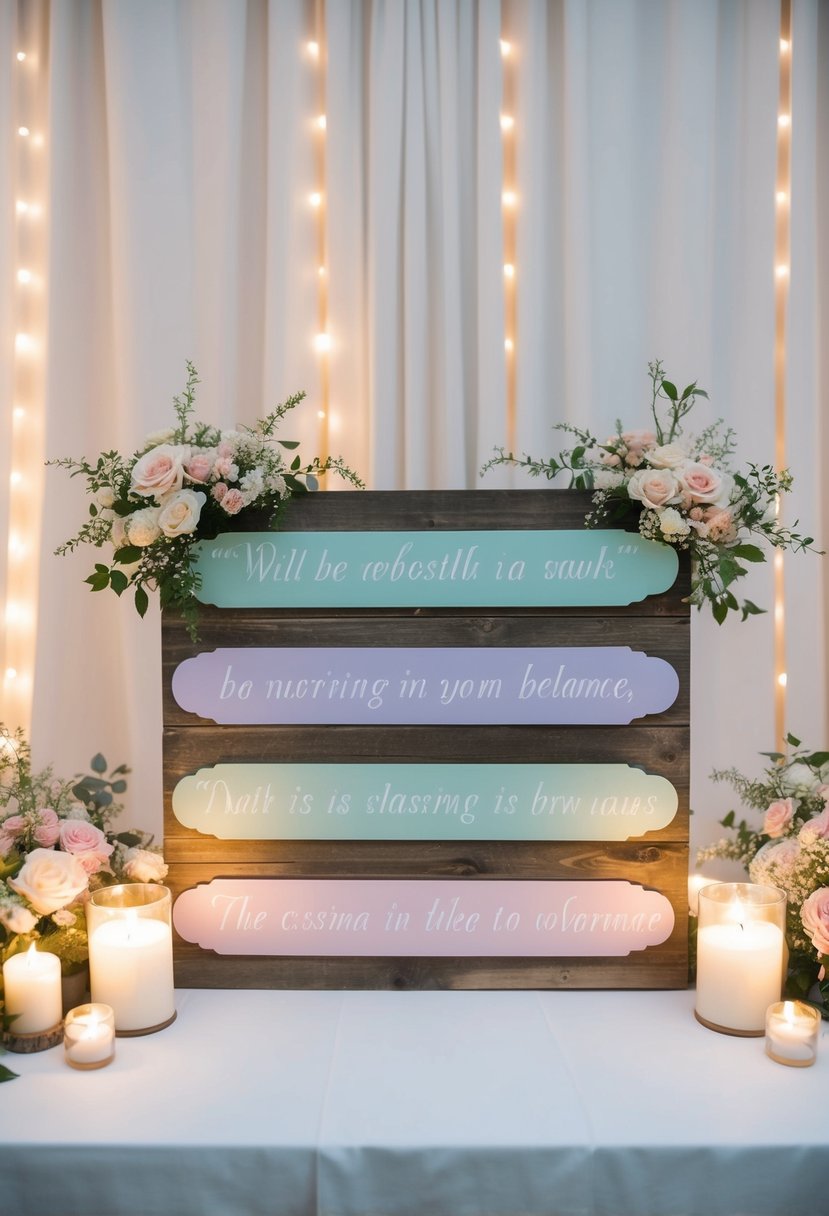 A rustic wooden sign adorned with pastel-tinted acrylic quotes, surrounded by delicate floral arrangements and soft candlelight