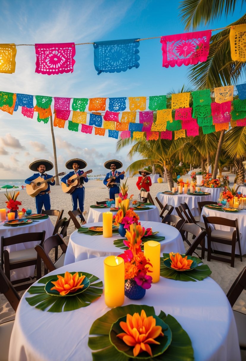 A vibrant beachfront fiesta in Cancun, with colorful papel picado banners, mariachi band, and tables adorned with tropical flowers and candles