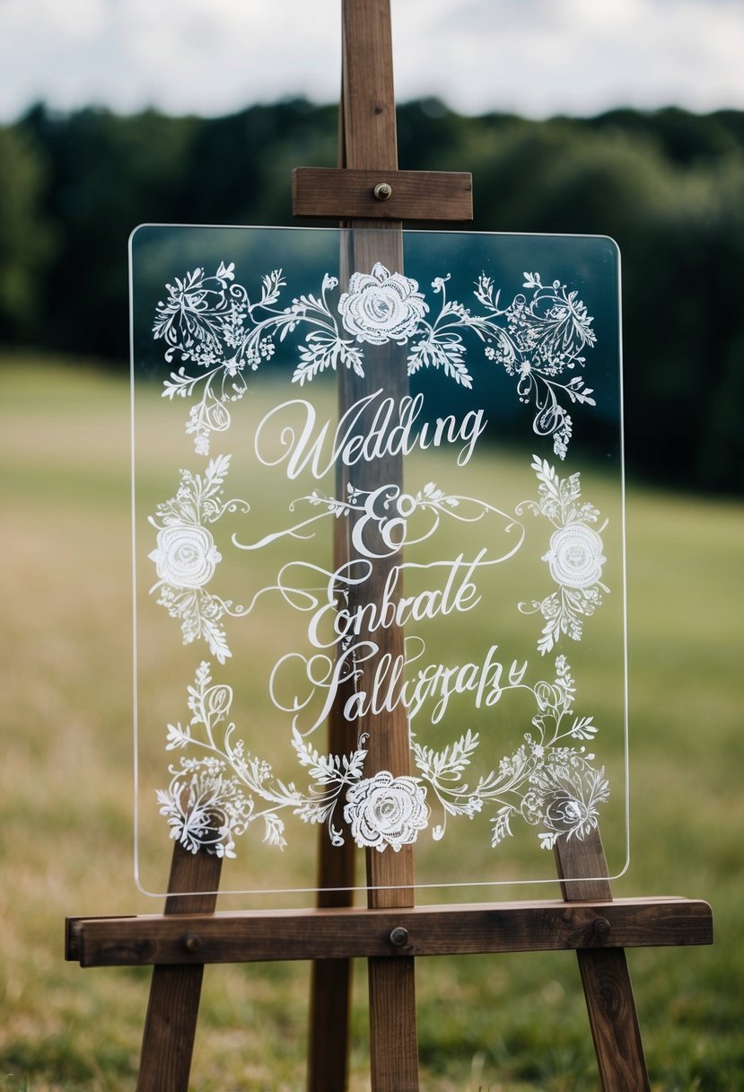 A vintage-style transparent acrylic wedding sign with ornate floral designs and elegant calligraphy displayed on a rustic wooden easel