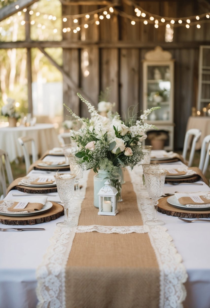 A rustic wedding table adorned with burlap and lace accents, surrounded by vintage shabby chic decor