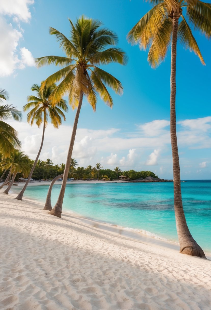 A serene beach at Punta Cana, lined with tall palm trees and crystal-clear waters, sets the perfect backdrop for a destination wedding