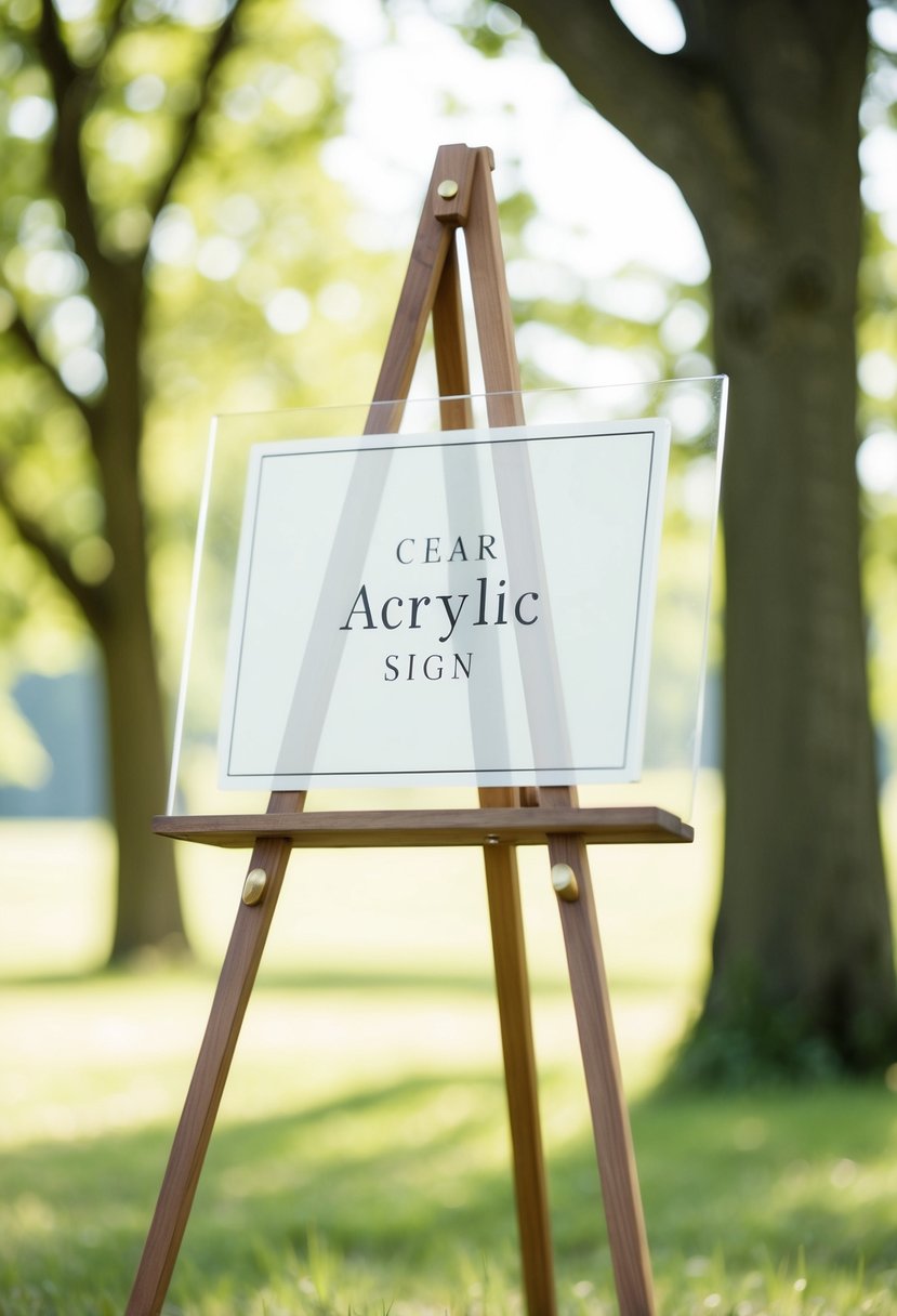 A serene outdoor setting with a simple wooden easel holding a clear acrylic sign, surrounded by trees and soft natural light