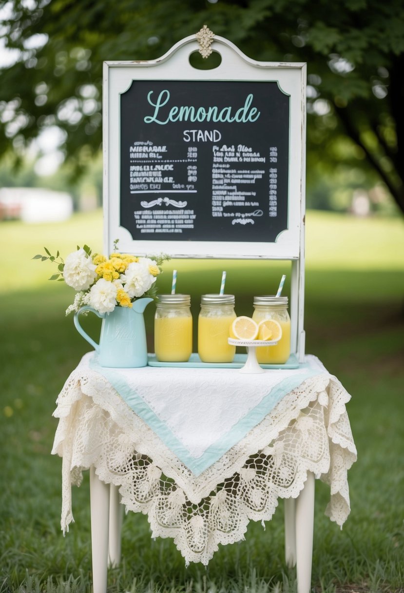 A quaint lemonade stand with shabby chic decor, vintage lace tablecloth, mason jar glasses, and a chalkboard menu