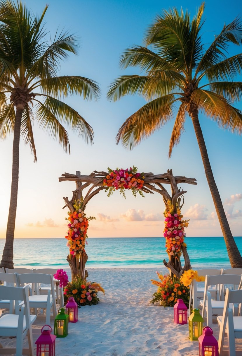 A beach wedding at sunset, with palm trees, colorful lanterns, and a rustic driftwood arch adorned with tropical flowers. White sand and turquoise water complete the Key West island vibes