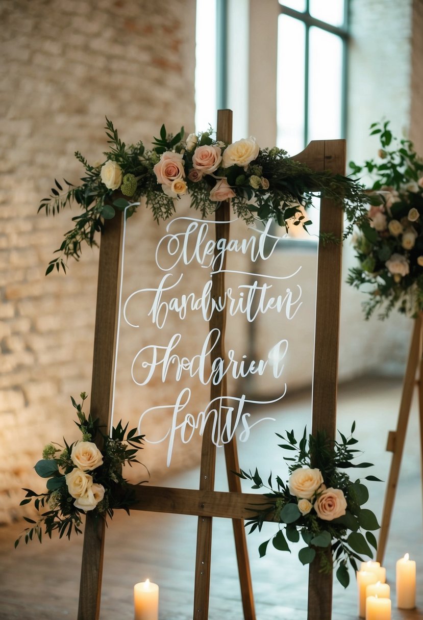 A rustic wooden easel holds a clear acrylic sign with elegant handwritten fonts, surrounded by floral arrangements and soft candlelight