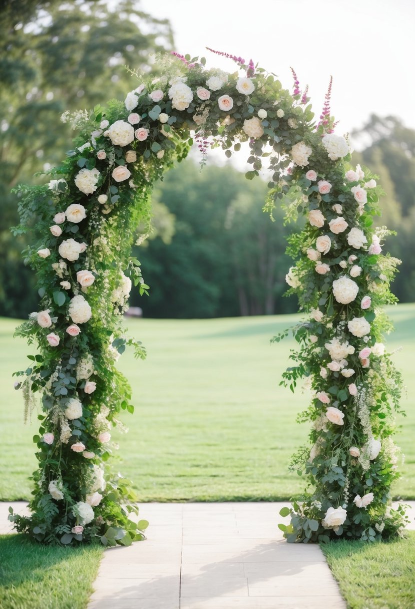 Floral garlands drape over an archway, creating a shabby chic wedding backdrop