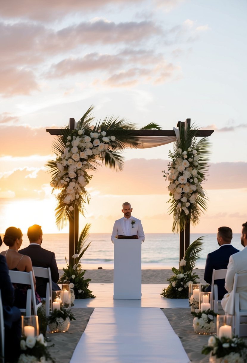 A beachside wedding ceremony at Le Blanc Los Cabos Resort, with elegant decor and a stunning sunset backdrop