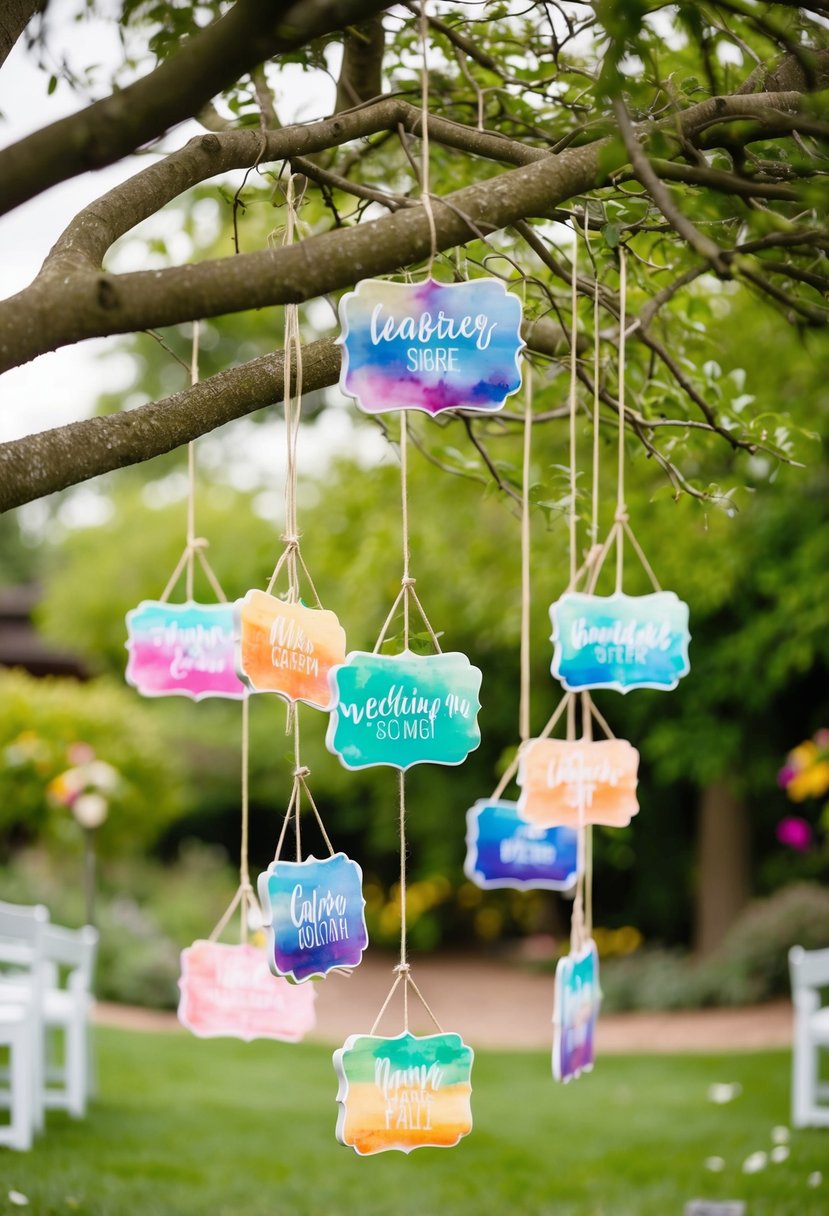 A garden wedding scene with colorful whimsical watercolor effect acrylic signs hanging from tree branches and scattered around the venue