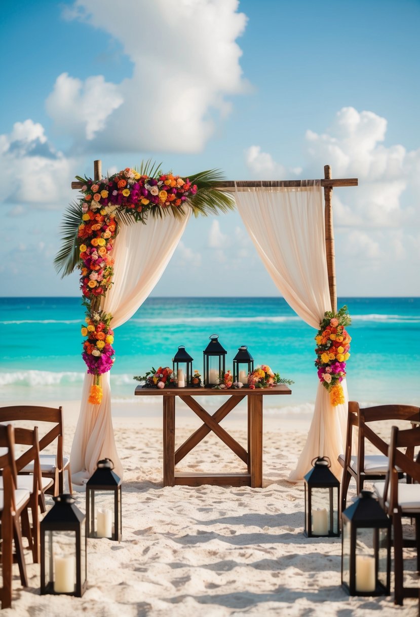 A beachfront wedding setup with colorful flowers, lanterns, and flowing fabric drapes, overlooking the turquoise waters of the Riviera Maya