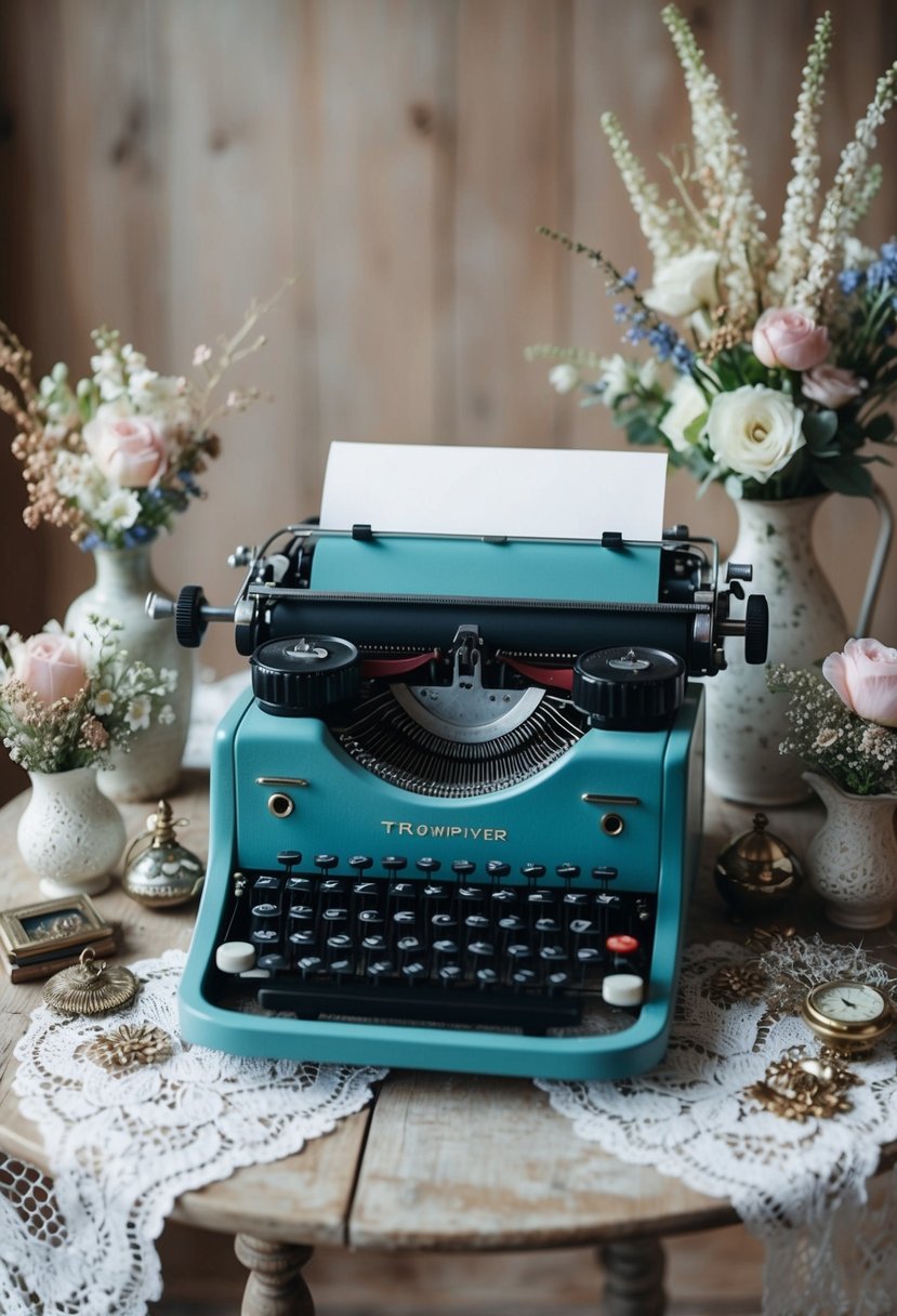 A vintage typewriter sits on a distressed wooden table surrounded by delicate lace, floral arrangements, and antique trinkets