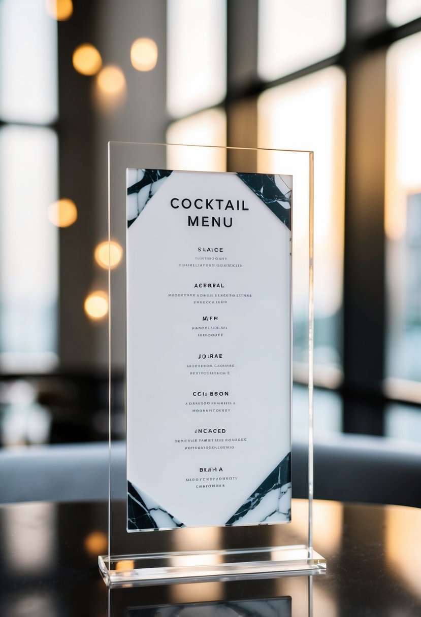 A sleek acrylic cocktail menu with a marble pattern, set against a modern backdrop