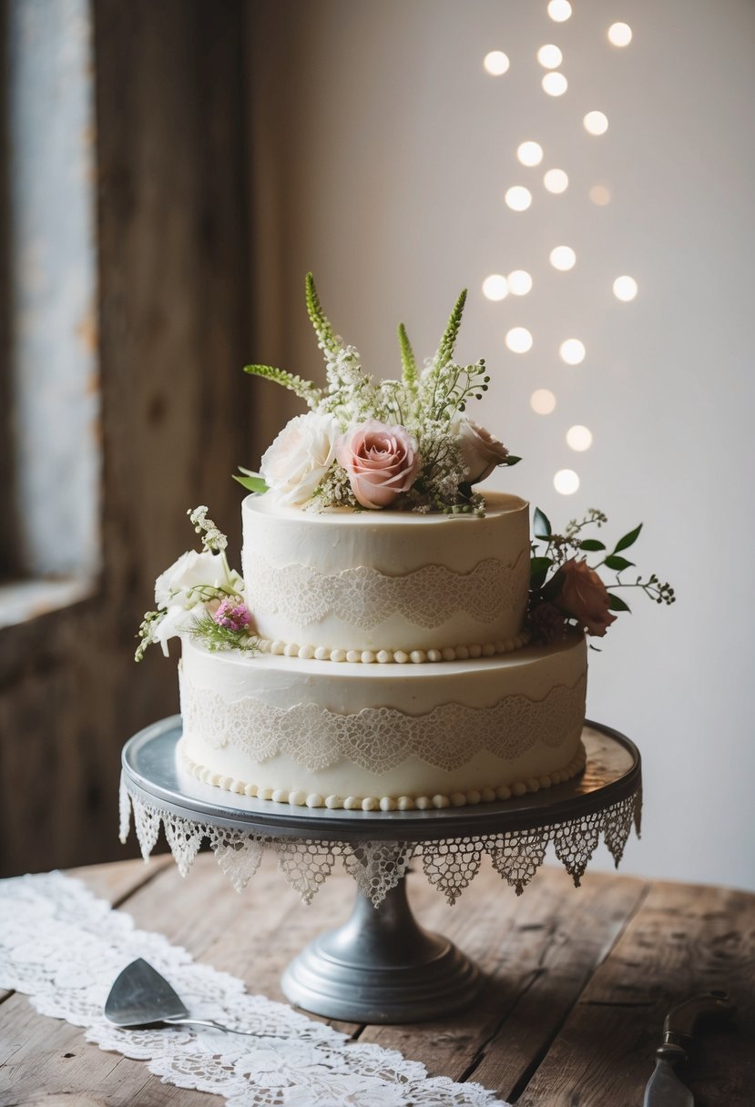 A vintage cake stand adorned with delicate flowers and lace, set on a rustic wooden table for a shabby chic wedding celebration