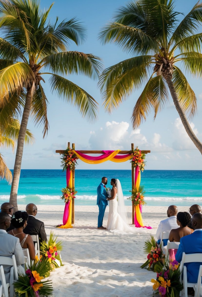 A beachside wedding ceremony in Jamaica, with palm trees, white sand, and vibrant tropical flowers. A wooden arch adorned with colorful fabric overlooks the crystal-clear ocean