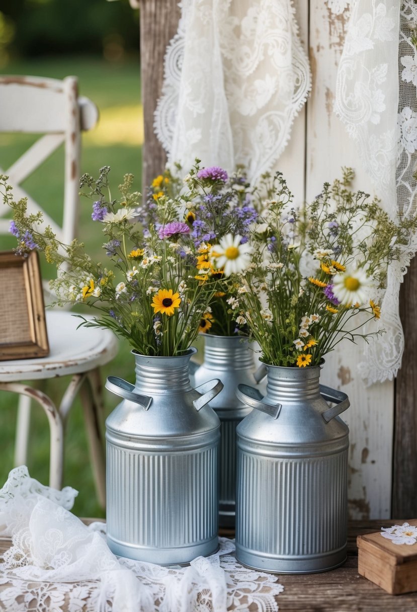 A rustic outdoor wedding scene with galvanized milk can vases filled with wildflowers, set against a shabby chic backdrop of vintage lace and distressed wood decor