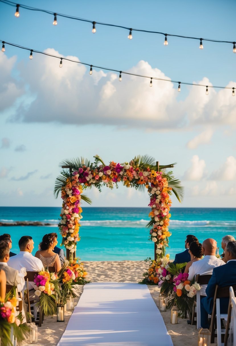 A beachfront wedding with vibrant flowers, twinkling lights, and elegant decor, set against the backdrop of the turquoise waters of Puerto Rico