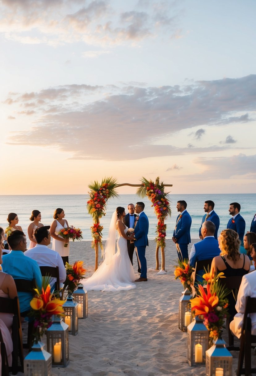 A beachfront wedding ceremony at sunset, with colorful tropical flowers and lanterns, overlooking the ocean at Dreams Acapulco Resort