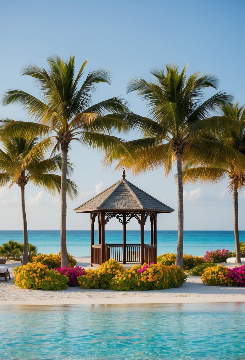 A serene beach setting with palm trees, a gazebo, and colorful flowers, overlooking the crystal-clear waters of the BlueBay Grand Esmeralda resort