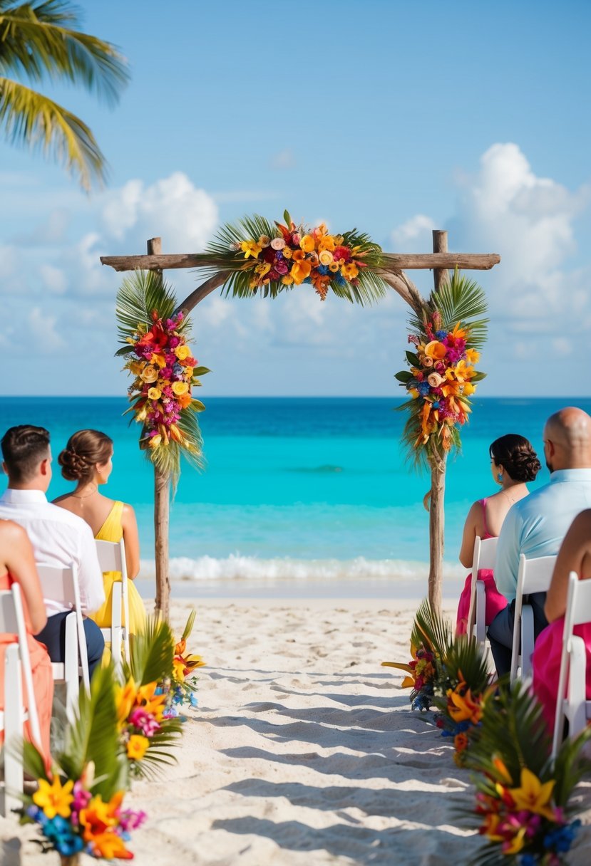 A beachfront wedding ceremony with colorful tropical flowers and a rustic wooden arch, overlooking the turquoise waters of the Caribbean Sea