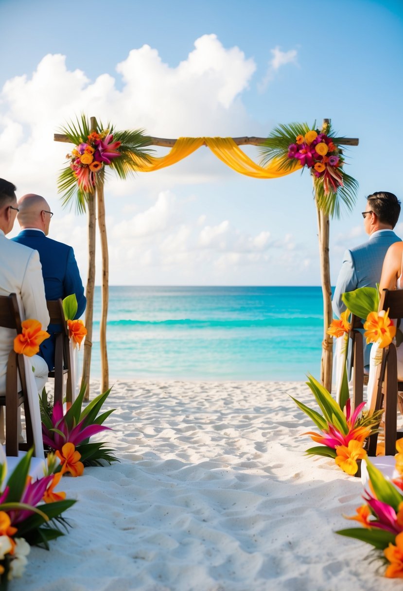 A wooden arch adorned with colorful fabric overlooks the ocean. It stands in a beachside wedding ceremony with vibrant tropical flowers, white sand, and turquoise waters.