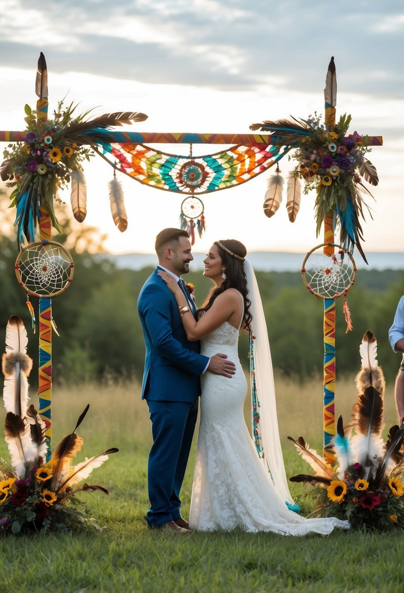 A traditional Native American wedding ceremony with a couple standing beneath a colorful and intricately designed wedding arch, surrounded by nature and adorned with symbolic elements such as feathers and dreamcatchers