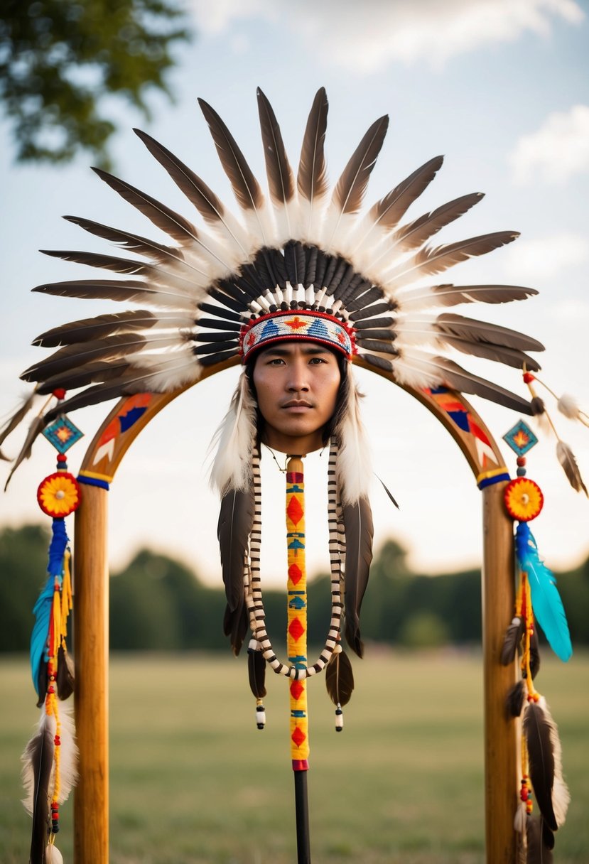 An eagle feather headdress adorns a ceremonial wedding arch, surrounded by traditional Native American symbols and decor