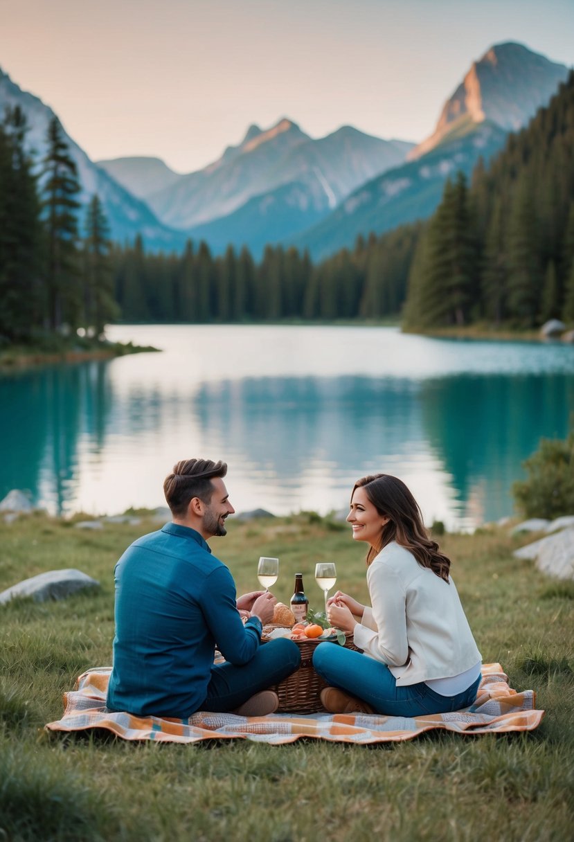 A couple enjoying a romantic picnic in a serene national park, with a scenic backdrop of mountains and a tranquil lake