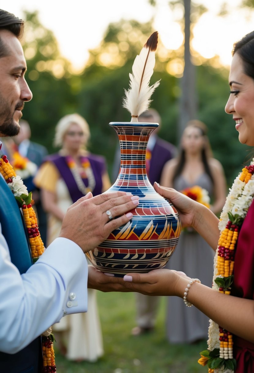 A ceremonial vase is being passed between the bride and groom, symbolizing the sharing of their lives in a Native American wedding ritual