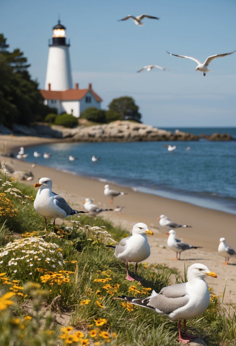 A serene beach at Martha's Vineyard with a picturesque lighthouse in the distance, surrounded by wildflowers and seagulls