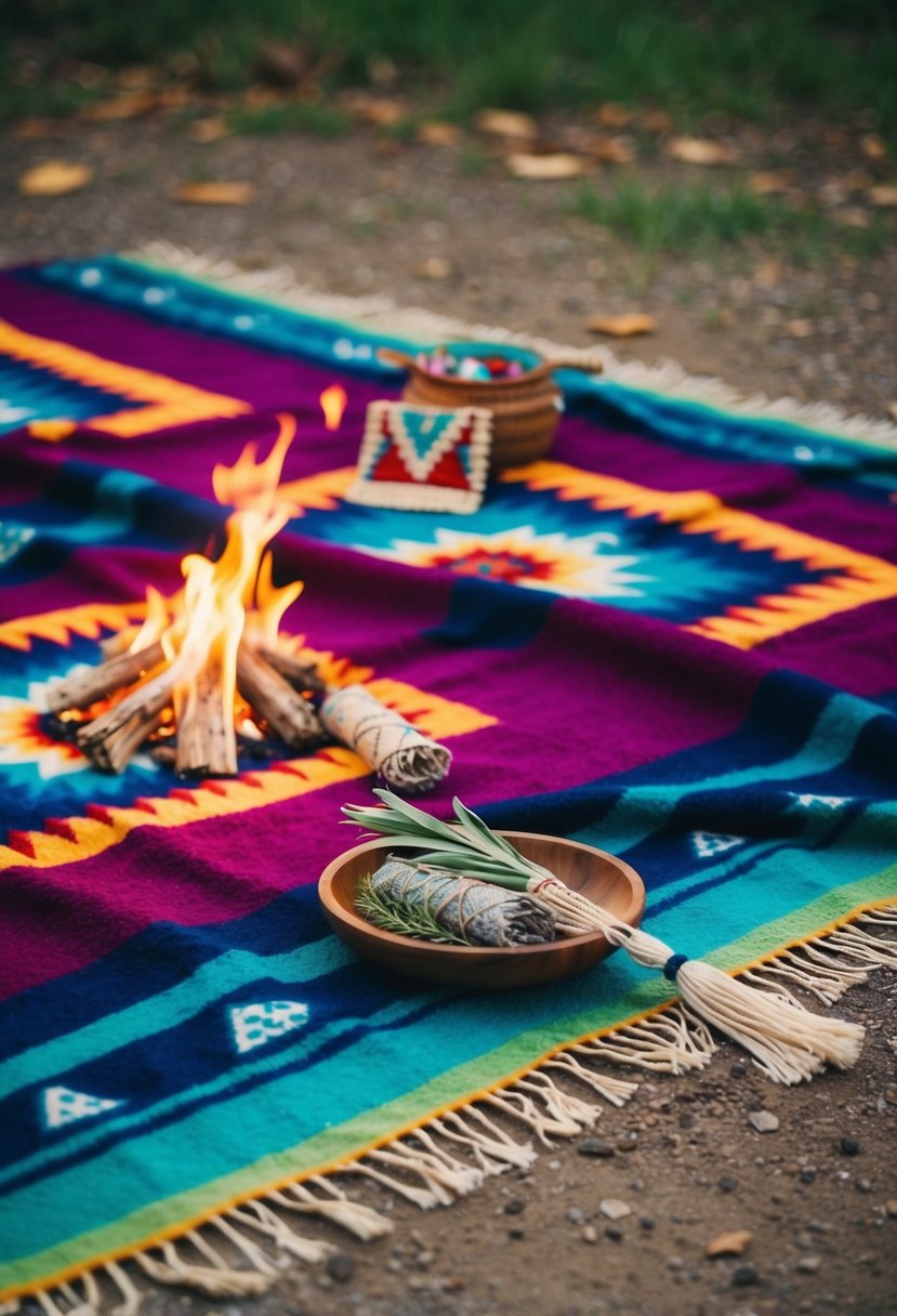 A colorful blanket is spread out on the ground, adorned with traditional Native American patterns and symbols. A small fire burns nearby, with offerings of sage and sweetgrass