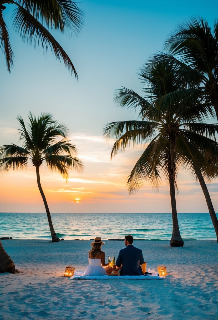 A serene beach at sunset, with palm trees and a couple's picnic set-up, overlooking the turquoise waters of Key West, Florida