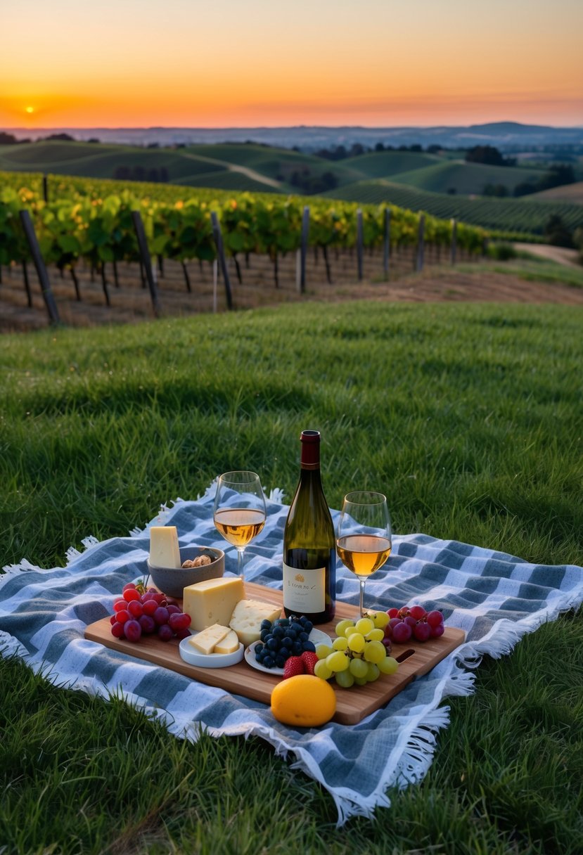 A vineyard picnic with rolling hills, a blanket spread with wine, cheese, and fruit, and a view of the sunset over Sonoma County