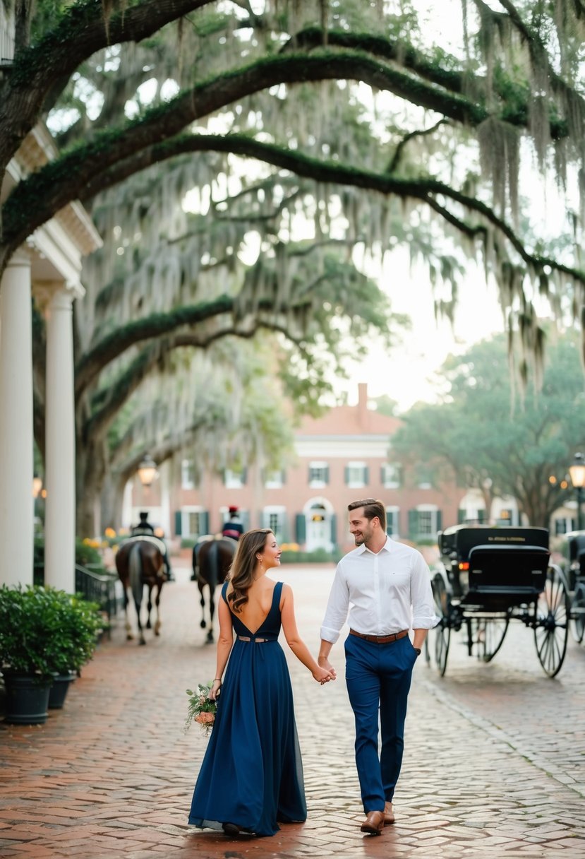 A couple strolling through historic squares with Spanish moss-draped trees, while horse-drawn carriages pass by in Savannah, Georgia