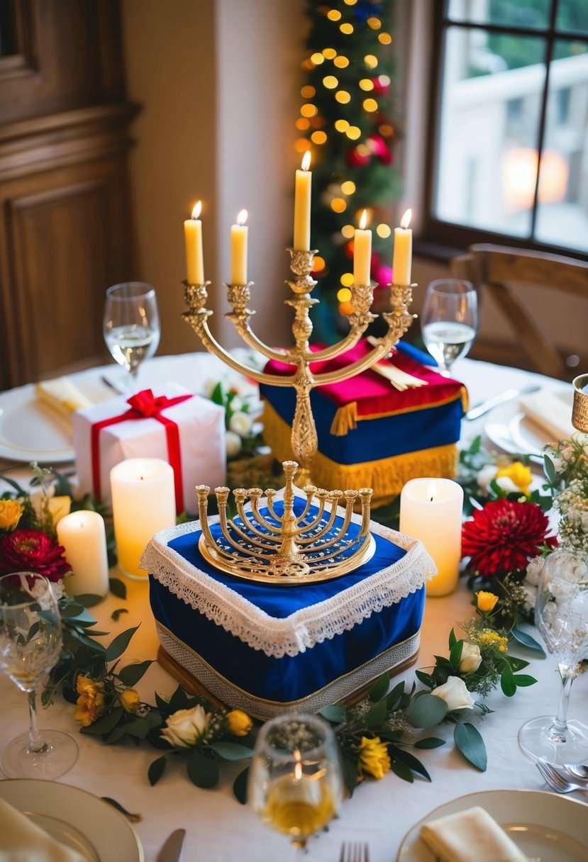 A beautifully decorated table with traditional Jewish wedding gifts, such as a menorah, challah cover, and kiddush cup, surrounded by festive flowers and candles