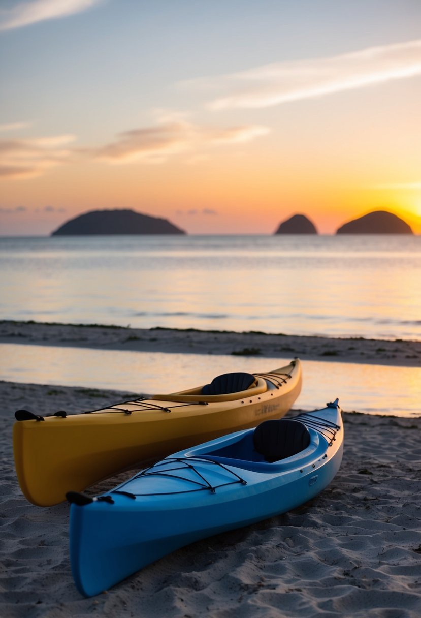 A tranquil beach at sunset, with a couple of kayaks resting on the shore and a view of the San Juan Islands in the distance