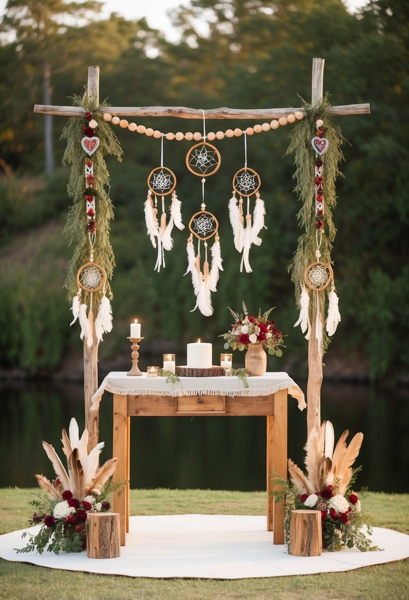 A rustic wedding altar adorned with dreamcatcher decorations and traditional Native American motifs