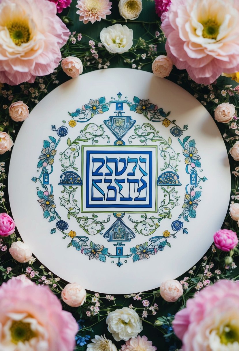 A beautifully designed Ketubah artwork with intricate Jewish symbols and motifs, surrounded by delicate floral patterns and vibrant colors