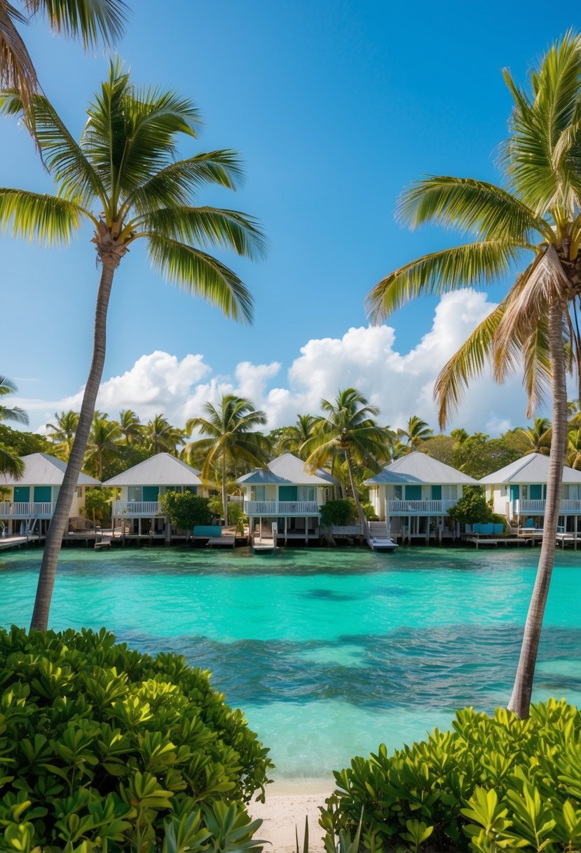 Tropical bungalows nestled among palm trees, overlooking the turquoise waters of Key Largo, Florida. Sunshine bathes the scene, with a gentle ocean breeze rustling the lush greenery